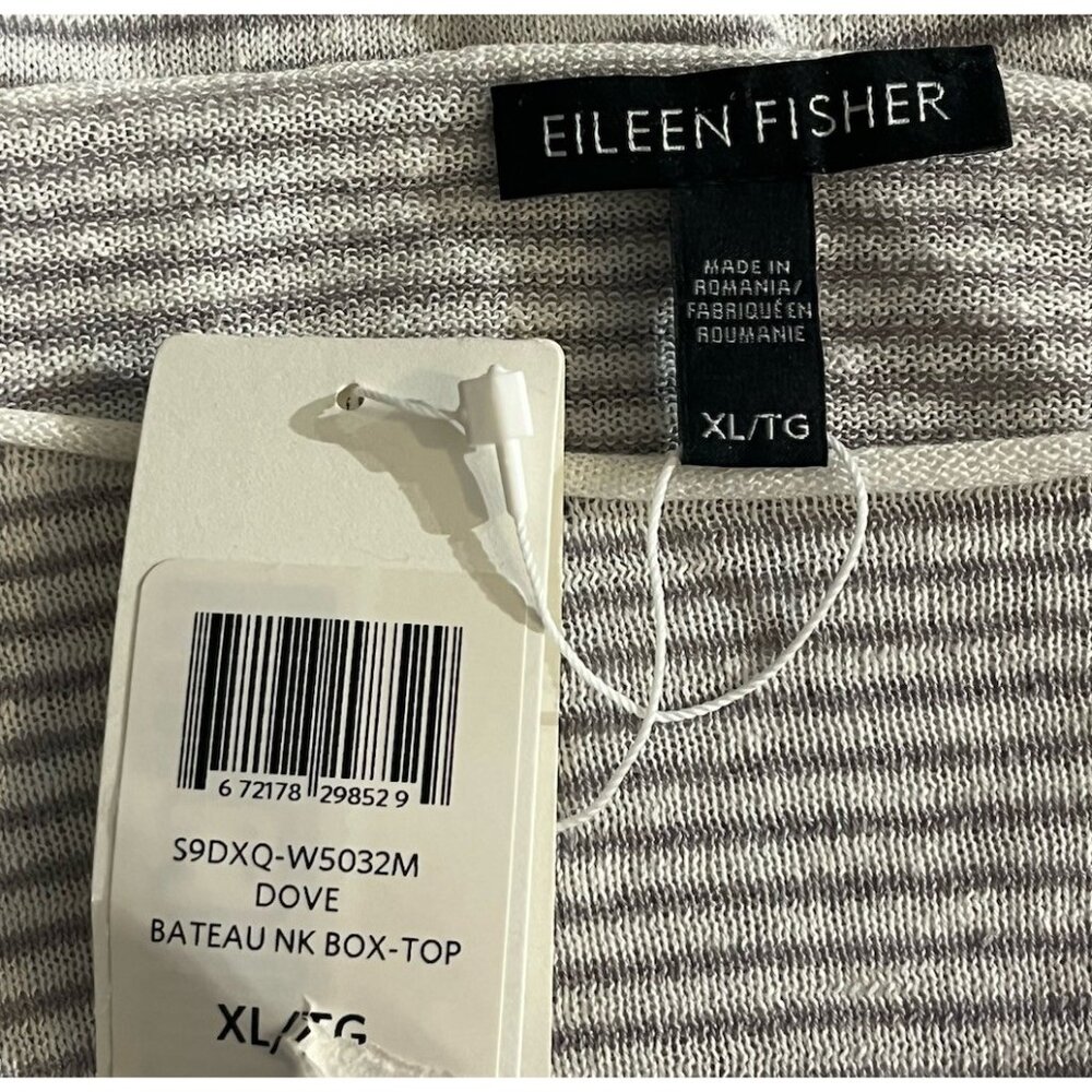 New Eileen Fisher Dove White Gray Stripe Long Sleeve Organic Linen Cotton Top - Picture 4 of 7